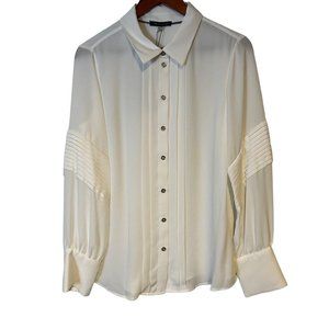 Tommy Hilfiger Blouse Womens Med Ivy Crepe De Chine Pleat Detail Sheer Arms NEW